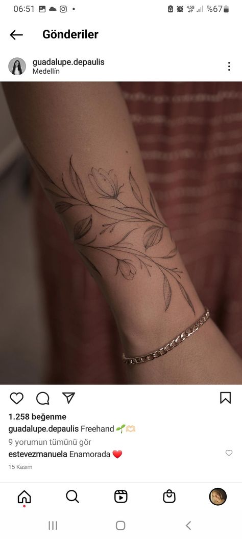 Greenery Arm Wrap Tattoo, Arm Tattoos For Women Ocean, Sticker Sleeve Tattoos For Women Minimalist, Dainty Forearm Sleeve Tattoo Women, Tulip Vine Tattoo, Fine Line Full Sleeve Tattoo, Womans Forearm Tattoo, Lily Vine Tattoo, Fine Line Forearm Tattoo Women