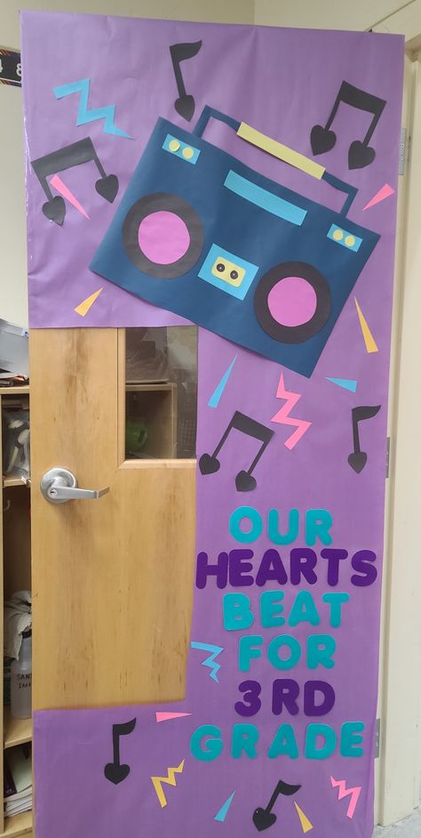 Rockstar Door Decoration, Rock And Roll Door Theme, Music Themed Classroom Decorations, Music Vbs Decorations, Music Classroom Door Decorations, Music Themed Classroom Door, 80s Themed Bulletin Board, Music Day Decorations School, 80s Classroom Door