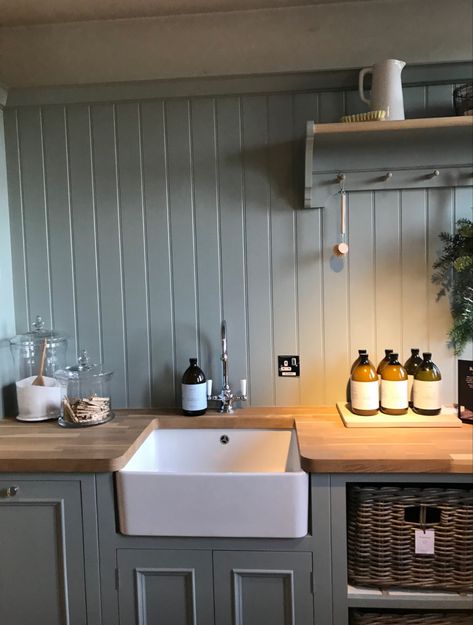 Tiny Utility Room Ideas With Sink, Small Cottage Utility Room, Blue Utility Room, Boot Room With Sink, Belfast Sink Utility Room, Small Belfast Sink Utility Room, Utility Ideas, Utility Space, Panelled Walls