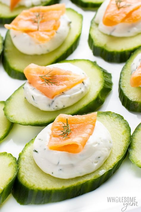 Easy Salmon Cucumber Bites Recipe (Cucumber Appetizers) | Wholesome Yum T2d Meals, Salmon Cucumber Appetizer, One Bite Appetizers Make Ahead, Cucumber Salmon Bites, Salmon Cucumber Bites, Keto Lazy, Cucumber Salmon, Keto Apps, Appetizer Wraps