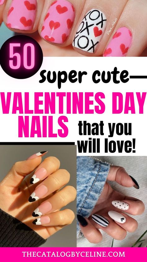 50 Super Cute Valentines Day Nails that You Will Love! Nails Black Valentines, Valentines Day Nails Long, Valentines Day Nails Black, Long Valentines Day Nails, Black Valentines Day Nails, Cute Valentines Day Nails, Black Valentines Day, Black Valentines, Valentines Day Nails