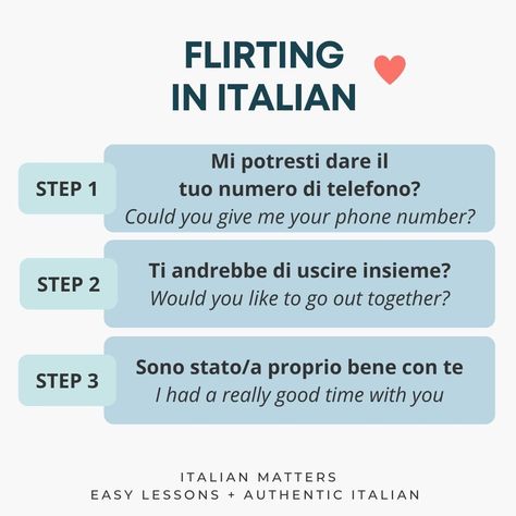 Learn Italian Lessons Quizzes on Instagram: “Three steps to flirting in Italian! ❤️ #bilingual #italianwords #italianvocabulary #italianidiom #italiangrammar #easyitalian…” Italian Flirting Phrases, Flirting In Italian, Flirt In Italian, Italian Pronunciation, Italian Grammar, Italian Vocabulary, Italian Lessons, Italian Language Learning, Learn Italian