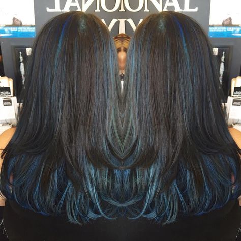 Dark Hair With Blue, Balayage Blue, Hair With Blue Highlights, Highlights In Brown Hair, Highlights Brown Hair Short, Blue Brown Hair, Brown Ombre Hair Color, Blue Hair Highlights, Dark Blue Hair