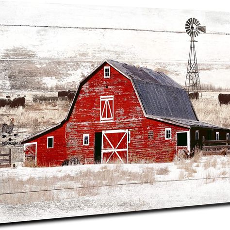 Red Barn Wall Art Rustic Farmhouse Barn Wall Decor, Windmill Country Yak Old Barn Canvas Picture Framed Artwork Wood Texture Print Painting Decoration for Home Living Room Bedroom Ready to Hang 16x24 Red Barn Painting, Artwork Wood, Windmill Wall Decor, Farmhouse Pictures, Barn Wall Art, Barn Pictures, 2024 Art, Highland Cow Canvas, Barn Swallow