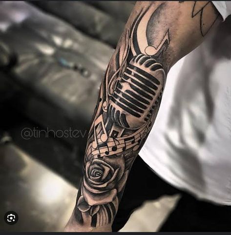 Arm Tattoos Music, Microphone Tattoo, Music Tattoo Sleeves, Half Sleeve Tattoos Forearm, Hand And Finger Tattoos, Tattoo Templates, Forearm Tattoo Women, Tattoos For Black Skin, Arm Sleeve Tattoos