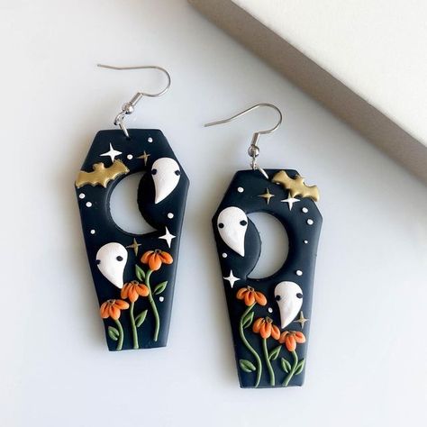 Peripheral US on Instagram: "we got a LOT of variety comin to u this weekend!!! including these coffin cutouts, daisy trios, large blue glitter galaxy stars, and more🧡!! set a timer so u dont miss it😅 - august 20th @ 1PM PST | 3PM CT | 4PM EST" Coffin Polymer Clay Earrings, Clay Coffin Earrings, Coffin Clay Earrings, Glitter Galaxy, Clay Halloween, Polymer Clay Halloween, Halloween Clay, Diy Earrings Polymer Clay, Handmade Clay Jewelry