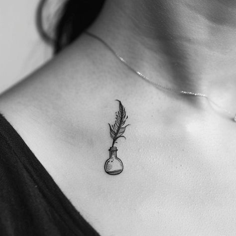 Discover the elegance where nature meets creativity through ink; a dainty feather emerges from an ink bottle, symbolizing the beautiful blend of writing and the natural world. Save & follow for more unique ideas! This delicate artistry, captured in the nuanced texture of skin, inspires one to embrace their creative flow. #TattooArt #NatureInspired #CreativityInInk #FeatherTattoo #InkBottle #SaveAndFollow #AIimage Ink Pot And Quill Tattoo, Writing Quill Tattoo, Quill And Ink Tattoo, Quill Pen Tattoo, Creativity Tattoo, Quill Tattoo, Quill And Ink, Ink Bottle, Feather Tattoo