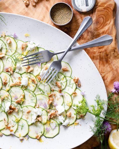 Cooked Zucchini, Raw Zucchini Salad, Zucchini Carpaccio, Raw Zucchini, Fennel Pollen, Zucchini Salad, Vegetarian Cheese, Goat Cheese, Fennel