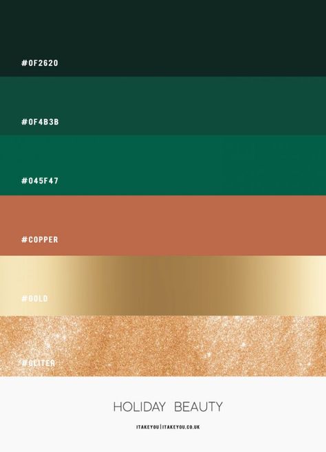 Copper, Green, Gold and Glitter Colour Scheme { Holiday Colour Combo } Copper Colour Palette, Copper Colour Scheme, Green Combination, Green Color Combinations, Gold Color Combination, Gold Color Palettes, Gold Palette, Green Color Schemes, Gold Color Scheme