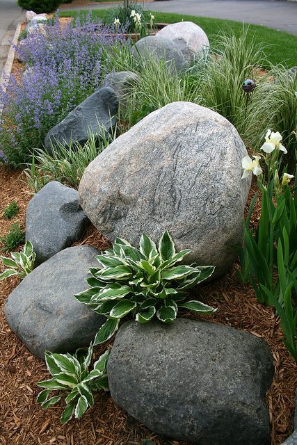 Landscaping With Large Rocks Front Yard, Landscape Flowers, Landscaping With Boulders, Rock Garden Design, Grasses Landscaping, Front Landscaping, Landscaping With Large Rocks, Stone Garden, Rock Garden Landscaping