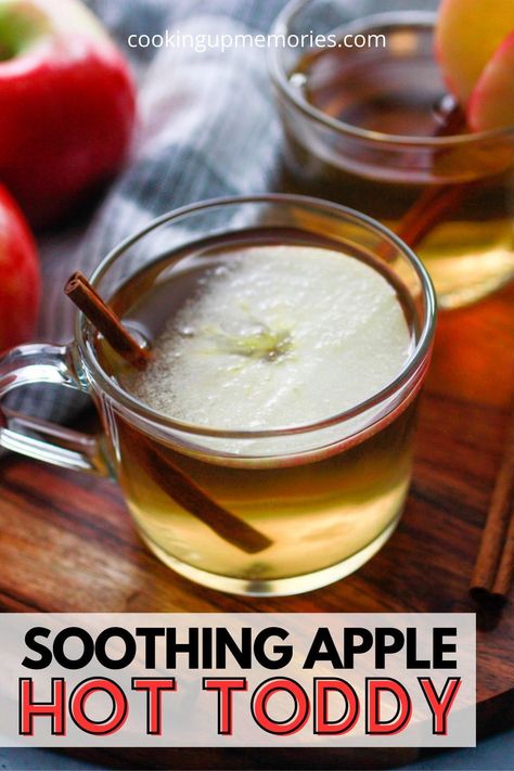 Are you sick? Suffering from a sore throat? You'll love this comforting & soothing apple hot toddy recipe! You can easily make this a non-alcoholic drink by simply omitting the whiskey. I personally prefer my drink as hot as possible, it just helps ease my throat, even just on a cold winter night. Apple Hot Toddy, Hot Toddy Cocktail, Cherry Whiskey, Toddy Recipe, Hot Toddies Recipe, Apple Cider Cocktail, Hot Cocktails, Cinnamon Coffee Cake, Apple Brandy