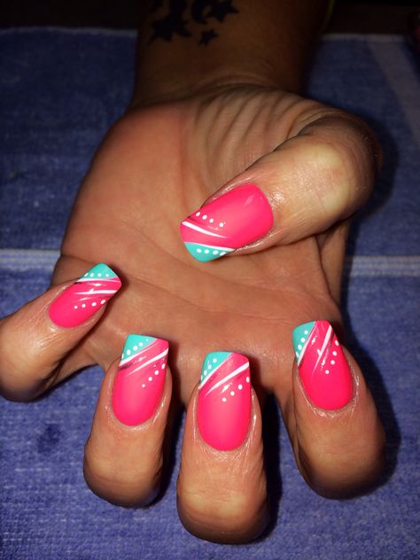 Nail Designs Summer Coral, Bright Pink And Teal Nails, Magenta And Teal Nails, Bright Beachy Nails, Pink And Turquoise Nails Summer, Hot Pink And Turquoise Nails, Hot Pink And Teal Nails, Blue And Hot Pink Nails, Bright Coral Nails Design