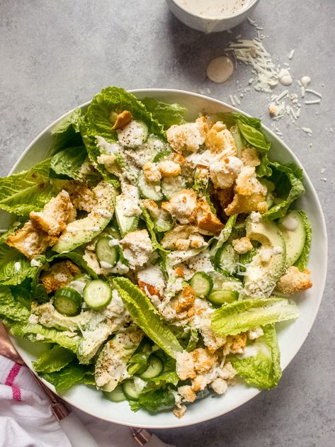 Caesar Salad With Avocado, Breakfast Scramble Bowl, Easy Croutons, Scramble Bowl, Avocado Caesar Salad, Yogurt Caesar Dressing, Healthy Caesar Salad, Crouton Salad, Breakfast Scramble