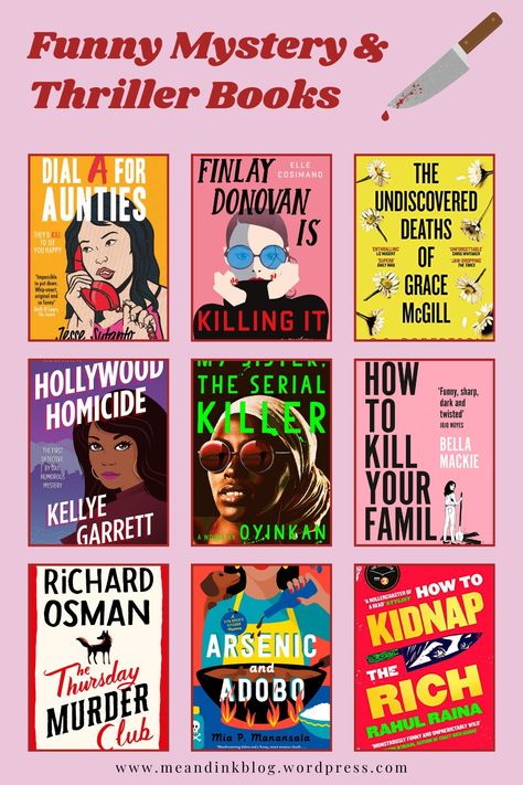 Funny Mystery and Thriller Books on pink background with 9 book cover in centre. Comedy Book Recommendations, Interesting Books To Read For Teens, Comedy Books To Read, Mystery Book Recommendations, Thriller Book Recommendations, Mystery Books To Read, Mystery Thriller Books, Mystery Books Worth Reading, Fall Tbr