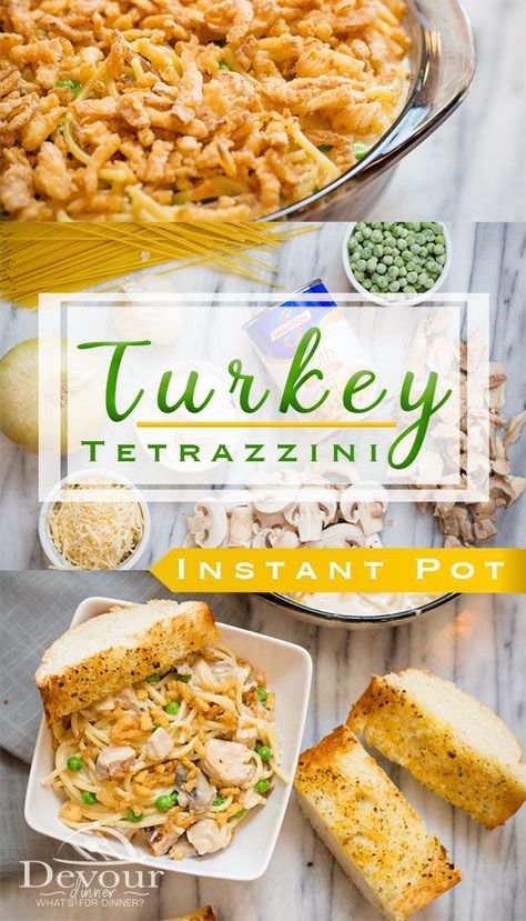 Do you have leftover Turkey?  Me too!  Turkey Tetrazzini is a nice change from making turkey sandwiches or soup.  Turkey Tetrazzini with fresh mushrooms, onion and peas in a creamy sauce is perfect and an easy dinner recipe.  #devourdinner #turkey #turkeytetrazzini #turkeycasserole #howtomaketurkeytetrazzini #easydinner #easydinnerrecipe #instantpot #instantpotrecipe #pressurecooker #pressurecookerrecipe #easyrecipe #recipe #recipes #pasta #sidedish #easyprep #instagood #yum #yummy #inmytummy Turkey Tetrazzini Recipe, Soup Turkey, Turkey Tetrazzini, Turkey Casserole, Easy Dinner Recipe, Recipes Pasta, Turkey Sandwiches, Leftover Turkey, Instapot Recipes