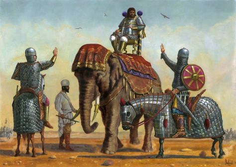 A Sassanid general atop an Elephant is hailed by two Persian Clibinarii. Persian Empire Art, Persian Warrior Fantasy Art, Fantasy Persian Warrior, Persian History Ancient Persia, Persian Horse, Sassanid Empire, Persian Cataphract, Parthian Empire, Persian Warrior