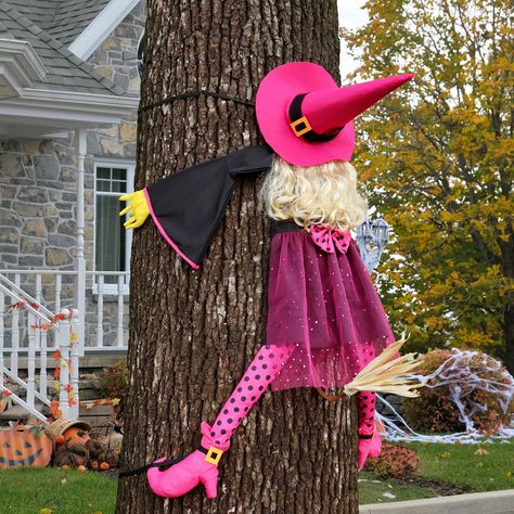 PRICES MAY VARY. Eye-Catching Halloween Tree ideas Decorations: Super cute playful pink witch have a pointed pink witch hat, wavy gold hair, She wears black robes are embellished with sparkly pink gauzy with pink bow tie and wears pink high shoes, The witch's legs and hands are filled with cotton to make it look more realistic. Straw-like brooms and open arms and legs show that she has crushed into tree, which makes the whole scene look unique and comically. The funny witch crashed Inject some l Fun Halloween Outdoor Decorations, Cool Halloween Decorations Front Yards, Pink Fall Porch Decor, Halloween Fence Decor, Halloween Witches Decorations Outdoor, Halloween Tree Decorations Outdoor, Diy Witch Decor, Outdoor Witch Decor, Girly Halloween Decorations