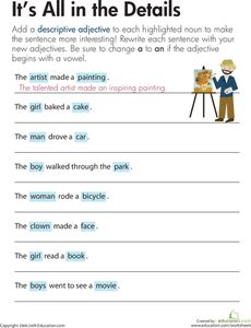 Descriptive Adjectives: It's All in the Details Worksheet Sarah Nurse, Descriptive Adjectives, 3rd Grade Writing, Teaching Language, Language Worksheets, French Learning, English Grammar Worksheets, Third Grade Reading, 3rd Grade Classroom