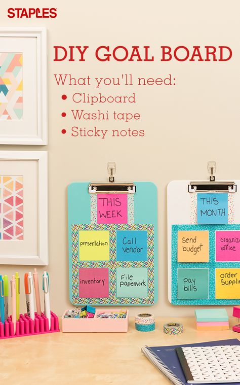 Stay focused and organized with this DIY Goal Board. Keep weekly and monthly to-dos right where you can see them and start accomplishing your goals. Find the supplies you need at Staples. Diy Goal Board, Sticky Note Organization, Sticky Notes Board, Goal Board Diy, Diy Clipboard, Office Organization At Work, Sticky Note Planner, Goal Board, Organization Board