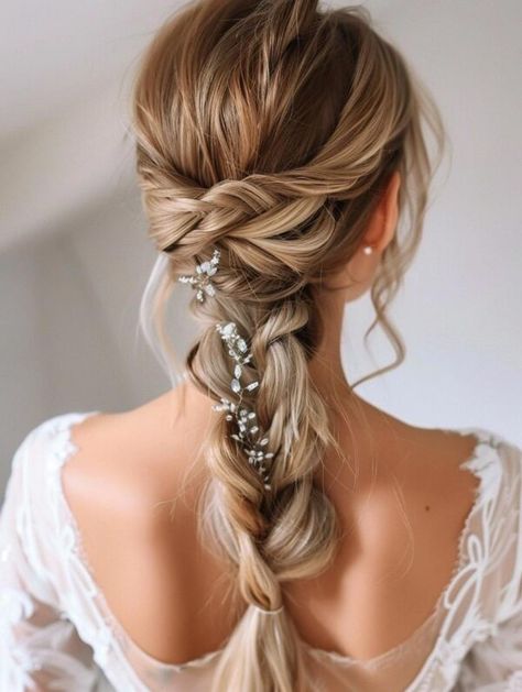 Top Wedding Hairstyles for Long Hair 2024: Elegant Updos, Romantic Waves, and Braids Wedding Plait Hair, Updos For Bridesmaids Long Hair, Veil With Braid, Wedding Plaits Hairstyles, Wedding Hair French Braid, Wedding Braid With Veil, Wedding Braid Hairstyles For Long Hair, Braid Styles Wedding, Wedding Hairstyles Side Braid