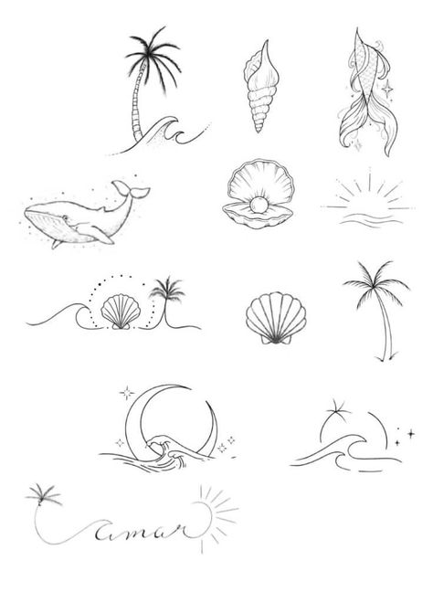 Summer Holiday Inspired Tattoos, Beach Related Tattoos Small, Tropical Inspired Tattoos, Beach Tattoos Aesthetic, Sea Themed Tattoos Minimal, Simplistic Beach Tattoo, Dainty Vacation Tattoos, Water Sign Tattoo Ideas, Hawaii Inspired Tattoos Small