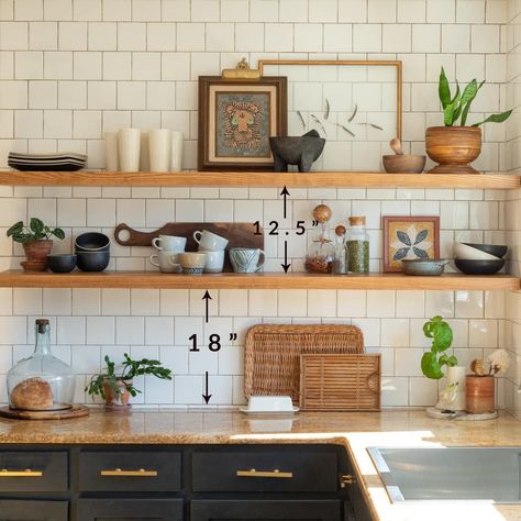 Tips for Kitchen Shelves with Floating Shelf Placement Ideas Floating Shelf Placement, Shelf Placement Ideas, White Kitchen Floating Shelves, Small Open Shelves Kitchen, Kitchen Shelves Decor Ideas, Styling Open Shelves In Kitchen, Kitchen Floating Shelves Decor, Wood Kitchen Shelves, Shelf Placement