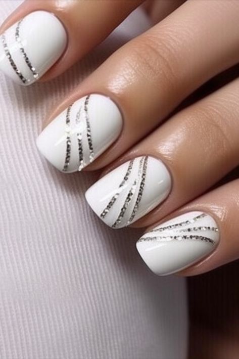 Elevate Your Nail Art Game: White Nails with Diamonds Wedding Nails White And Silver, Nail Line Designs Ideas, White Dip Nail Designs, White Sparkly Nail Designs, White And Silver Wedding Nails, White Nails With Silver Designs, Nail Art On White Nails, Nails With Rhinestones Simple, White And Silver Nail Designs