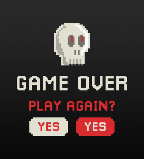 If there is a video game you want to play over and over, then at the end of the game the answers to the question "play again?" can only be "yes" or "yes" :) Awesome retro pixel game art with skull and lettering “Game over. Play again? Yes!”. A great gift for video game lovers of all ages and especially for retro game and pixel art lovers. #retrogame #gameover Choose Your Character Video Game Overlay, Retro Game Icons, Game Over Aesthetic, Pixel Game Art, Video Games Aesthetic, Bison Board, Pixel Video Game, Pixel Life, 80 Games