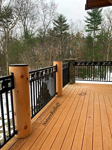 Custom Railing Designs and Deck Railing Inserts: Any size style or design by in house artist Rob Gerdin of NatureRails. Animals or scenery from mild to wild. #style #welding #designs #custom #metalartwork Cabin Porch Railing Ideas, Log Home Deck Railing Ideas, Log Cabin Deck Railing Ideas, Metal Deck Railing Ideas, Unique Deck Railing, Cedar House Siding, Unique Deck Railing Ideas, Laser Cut Railing, Custom Fireplace Screens