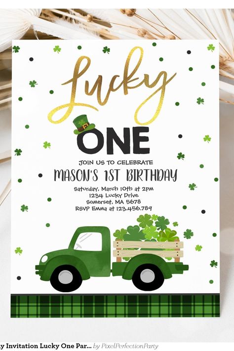 St. Patrick's Birthday Invitation Lucky One Party Lucky One Party, The Lucky One, Birthday Invitations, First Birthdays, 1st Birthday, Birthday Party, Created By, Stars, Birthday