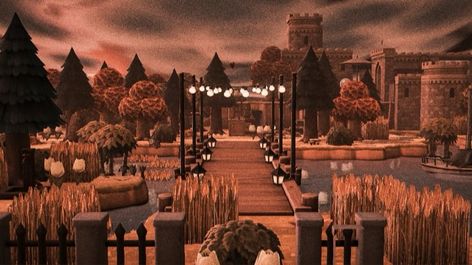 Animal Crossing Island Dark Academia, Acnh Log Bridge, Brown Animal Crossing Villagers, Animal Crossing Medieval Town, Acnh Autumncore Entrance, Acnh Dark Academia Town, Acnh Town Inspiration, Animal Crossing Fall Designs, Animal Crossing City Entrance