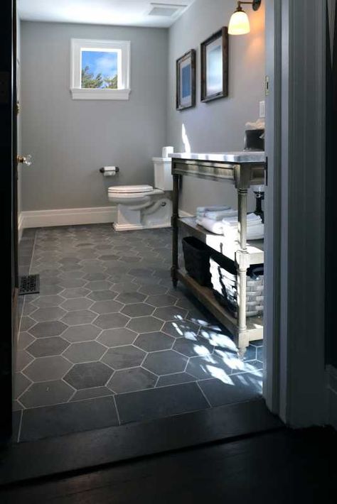 Hex Tiles Bathroom, Basement Entry, Hexagon Tile Bathroom, Slate Floor, Slate Tile Floor, Grey Bathroom Tiles, Bath Tile, Bathroom Floors, Hexagon Tile