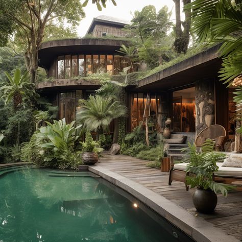 Eclectic villa in the jungle :: Behance Thailand Interior Design, Tropical Home Exterior, Backyards With Pools, Jungle Villa, Hawaiian House, Creative Landscaping, Beach Mansion, Mansion Exterior, Space Story