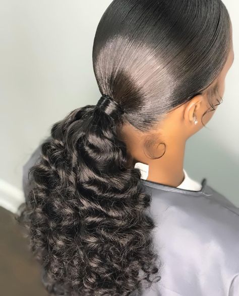 @armaniasia ❤ Formal Ponytail Black Women, Low Pony Tailed Hairstyle Black Women, Sleek Low Ponytail With Bangs, Bushy Ponytail Hairstyles Black, China Bangs Ponytail Black Women, Bushy Ponytail Black Women, Slik Ponytail Styles Black Women, Curly Ponytail Weave, Weave Ponytail Hairstyles