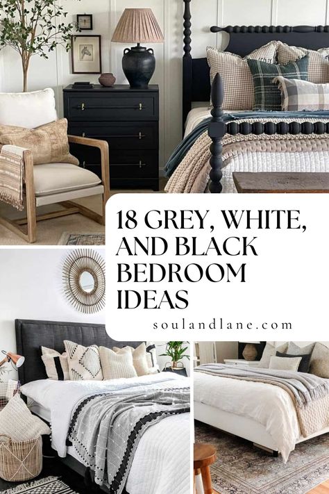 Discover the timeless appeal of monochrome elegance with grey, white, and black bedroom ideas designed to create a sophisticated and serene retreat. This classic color palette offers a range of possibilities, from sleek, minimalist designs to cozy, layered spaces. Consider soft grey walls as a backdrop, accented with crisp white bedding and bold black furniture for contrast. Add texture with plush rugs, velvet throws, and patterned pillows. These grey, white, and black bedroom concepts blend sim Black Bed Grey Walls, Black Gray Beige Bedroom, Black And White Spare Bedroom, Minimalist Bedroom Monochrome, Black And White Bedroom Ideas For Couples, White And Dark Gray Bedroom, Bedroom Ideas Black And Brown, Dark Grey And Black Bedroom, White Bedroom Black Accents