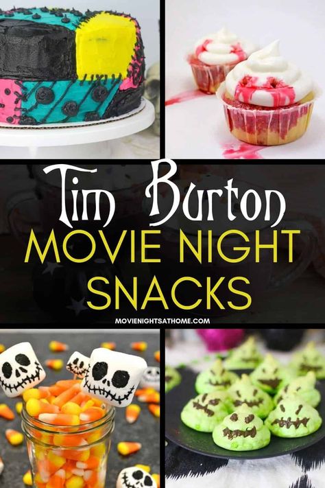 Hosting a Tim Burton Halloween movie night is a great way to have some fun at home. These movie ideas and snack recipes pair perfectly, too! Nightmare Before Christmas Themed Snacks, Corpse Bride Movie Night, Tim Burton Food Ideas, Beetlejuice Movie Night, Coraline Movie Night, Disney Movie Themed Food, October Movie, Halloween Movie Night Party, Family Movie Night Snacks