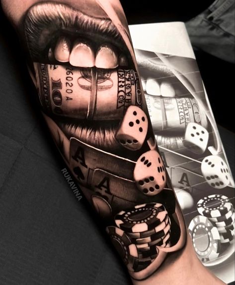 Casino Tattoo Sleeve, Black Grey Realism Tattoo, Realism Tattoo Sleeve, Tattoo Mafia, Mouth Tattoo, Casino Tattoo, Arm Tattoos Drawing, Photo Realism Tattoo, Tattoos Drawing