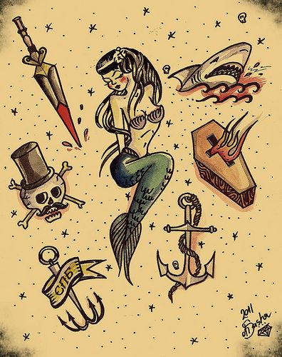 tattoo set | by oh_sasha Traditional Mermaid, Traditional Mermaid Tattoos, Tattoo Sailor, Sailor Jerry Flash, Sailor Jerry Tattoo Flash, Tattoo Mermaid, Mermaid Tattoo Designs, Sailor Tattoos, Art Vampire