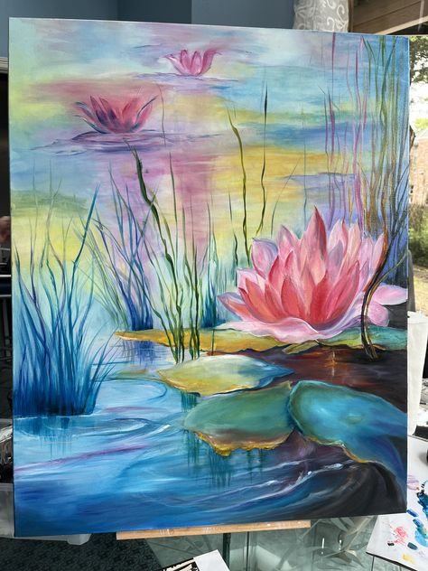 Water Lilies Art, Dragonfly Painting, Acrylic Painting Flowers, Paint And Sip, Beach Landscape, Painting Flowers, Abstract Canvas Painting, Book Illustrations, Art Color