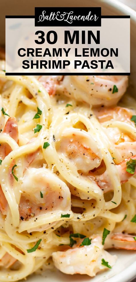 closeup of spaghetti with text overlay that reads 30 min creamy lemon shrimp pasta Shrimp Pasta With Peppers, Light Fettucini Recipes, Lemon Shrimp Fettuccine, Creamy Shrimp Fettuccine Pasta, Lemon Sauce For Shrimp, Lemon Shrimp Pasta Healthy, Shrimp Scampi Fettuccine, Shrimp Scampi Recipe Creamy, Lemon Garlic Shrimp Linguini