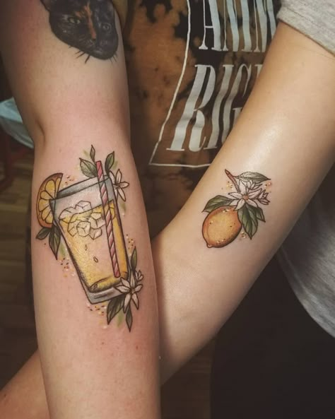 Matching Lemon and Lemonade Tattoos | Tattoo Ideas and Inspiration Matching Lemon Tattoos, Glass Of Lemonade Tattoo, Peas Tattoo, Lemonade Tattoo, Complementary Tattoos, Food Tattoo Ideas, Drink Tattoo, Tattoo For Couples, Lemon Tattoo