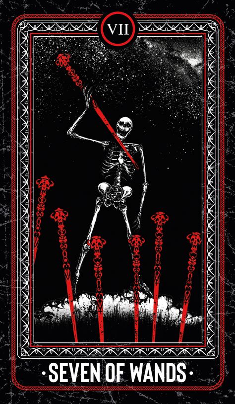 Seven of Wands from "The Bones Arcana" Tarot set by Junaid Mortimer, @jumo.art Red Tarot Card Aesthetic, 7 Of Wands, Seven Of Wands, Tarot Cards Art Illustration, Astrology Signs Compatibility, Wands Tarot, Arcana Tarot, Swords Tarot, Goth Wallpaper