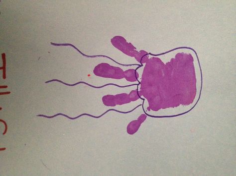 Jellyfish handprint art Handprint Jellyfish, Jellyfish Handprint, Handprint Octopus, Octopus Project, Letter J Crafts, Purple Jellyfish, J Craft, Baby Art Projects, Footprint Crafts