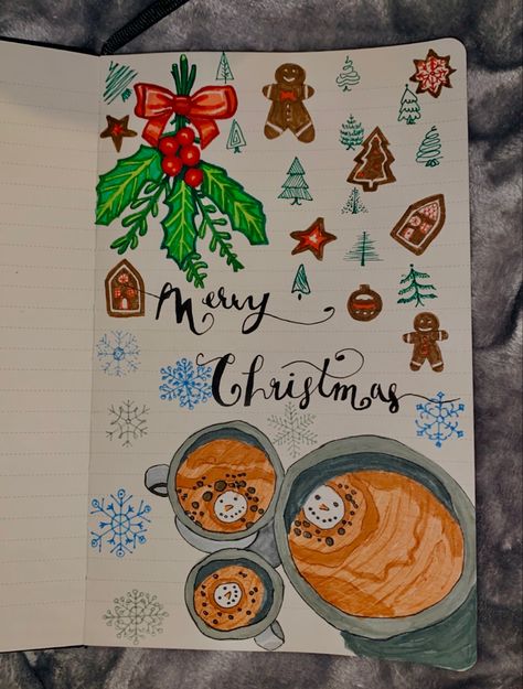 Christmas Sketch Ideas Simple, Christmas Sketchbook Ideas, Winter Sketches Simple, Christmas Festival Drawing, Christmas Aesthetic Drawing, Winter Journal Ideas, Winter Art Journal, December Prompts, Winter Sketchbook