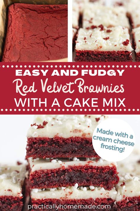 Easy and Fudgy Red Velvet Brownies with a Cake Mix: Everyone loves a good brownie and these brownies are particularly amazing. If you’re a fan of red velvet, and most people are, you’ll love this recipe! It’s so easy to make and the flavor is so good. Top your brownies with a cream cheese frosting for extra decadence! Red Velvet Cheesecake Brownies From Box Cake Mixes, Red Velvet Brownies Cake Mix Easy, Red Velvet Brownie Cake, Red Velvet Brownie Poke Cake, Red Velvet Cake Mix Recipes Easy, Cake Mix Red Velvet Brownies, Desserts With Red Velvet Cake Mix Boxes, Red Velvet Cake Brownies, Red Velvet Cake Bars