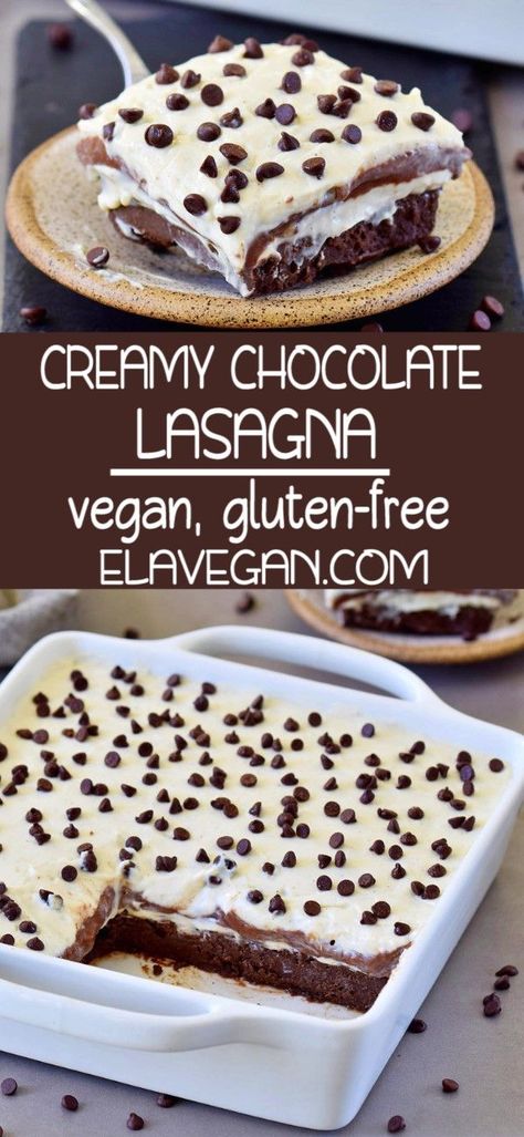 Vegan chocolate lasagna with 4 different layers. Brownies meet luscious cream and pudding layers. This yummy dessert recipe is vegan, gluten-free, and fairly easy to make! #vegan #chocolatelasagna #vegandessert #elasrecipes | elavegan.com Gluten Free Desserts Cookies, Gluten Free Desserts Healthy, Dessert Halloween, Chocolate Lasagna, Easy Gluten Free Desserts, Vegetarian Desserts, Gluten Free Desserts Recipes, Yummy Dessert, Gf Desserts