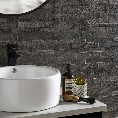 Topps Tiles on Instagram: “Want to give a your space more dimension? Add split face tiles to any room to take your interiors to the next level. #toppstiles #tiles…” Black Bathroom Tiles, Split Face Tiles, Slate Effect Tiles, Rectangular Tiles, Black Tile Bathrooms, Tile Adhesive, Dark Tile, Topps Tiles, Polished Porcelain Tiles