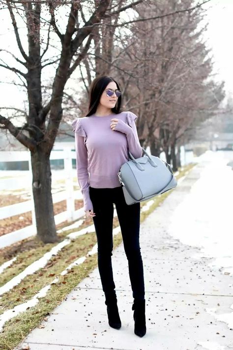 #lavender #colors #trend #fallwinter Purple Fashion Outfit, Lavender Outfit, Winter Sweater Outfits, Cold Outfits, Ruffle Sweater, Fall Capsule Wardrobe, Cold Weather Outfits, Soft Summer, By Charlotte