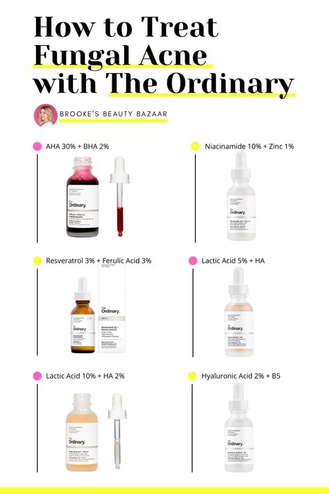 These products from The Ordinary are the ones you need to treat and clear your fungal or bacterial acne. When it comes to treating acne, you need powerful acids, antioxidants, vitamins, and minerals to kill yeast + bacteria, banish free radicals, and unclog your pores. Theses products absorb deep into the skin to dissolve oil, dirt, and bacteria, exfoliate the skin, and reveal a clear, radiant, acne-free complexion! Restore your skin with the Ordinary. #fungalacne #theordinary #skincareroutine Fungle Acne, Treat Fungal Acne, Bacterial Acne, Natural Remedies For Acne, Acne Safe Makeup, Back Acne Remedies, Spf Face Moisturizer, Remedies For Acne, Fungal Acne