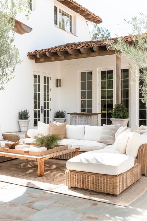 11+ Easy Outdoor Patio Ideas You’ll Want to Try (May 2024) - VIV & TIM Outdoor Patio Farmhouse Style, Florida Porch Ideas, Italy Inspired Backyard, Backyard Pool Furniture Ideas, Mediterranean Inspired Backyard, Condo Patio Ideas, Easy Outdoor Patio Ideas, Small Covered Patio Ideas, Bangkok House